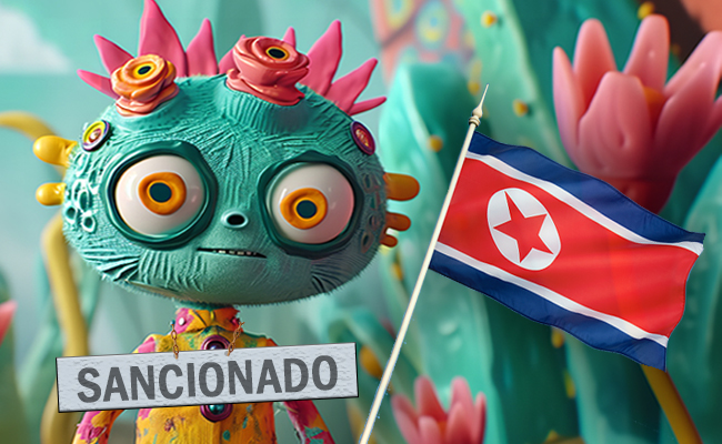 Figura de animación con bandera de Corea del Norte y la frase "Sancionado".